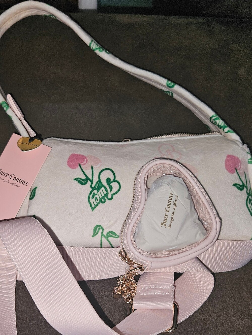 Juicy Couture Pink Floral Logo Shoulder Bag with Heart Pouch